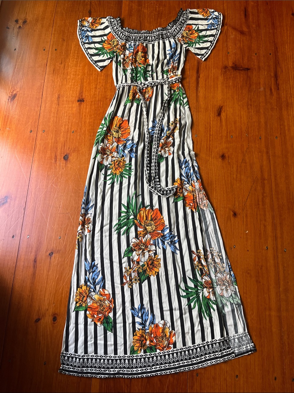 Flying Tomato Black & White Striped Maxi Dress with Orange Floral Print
